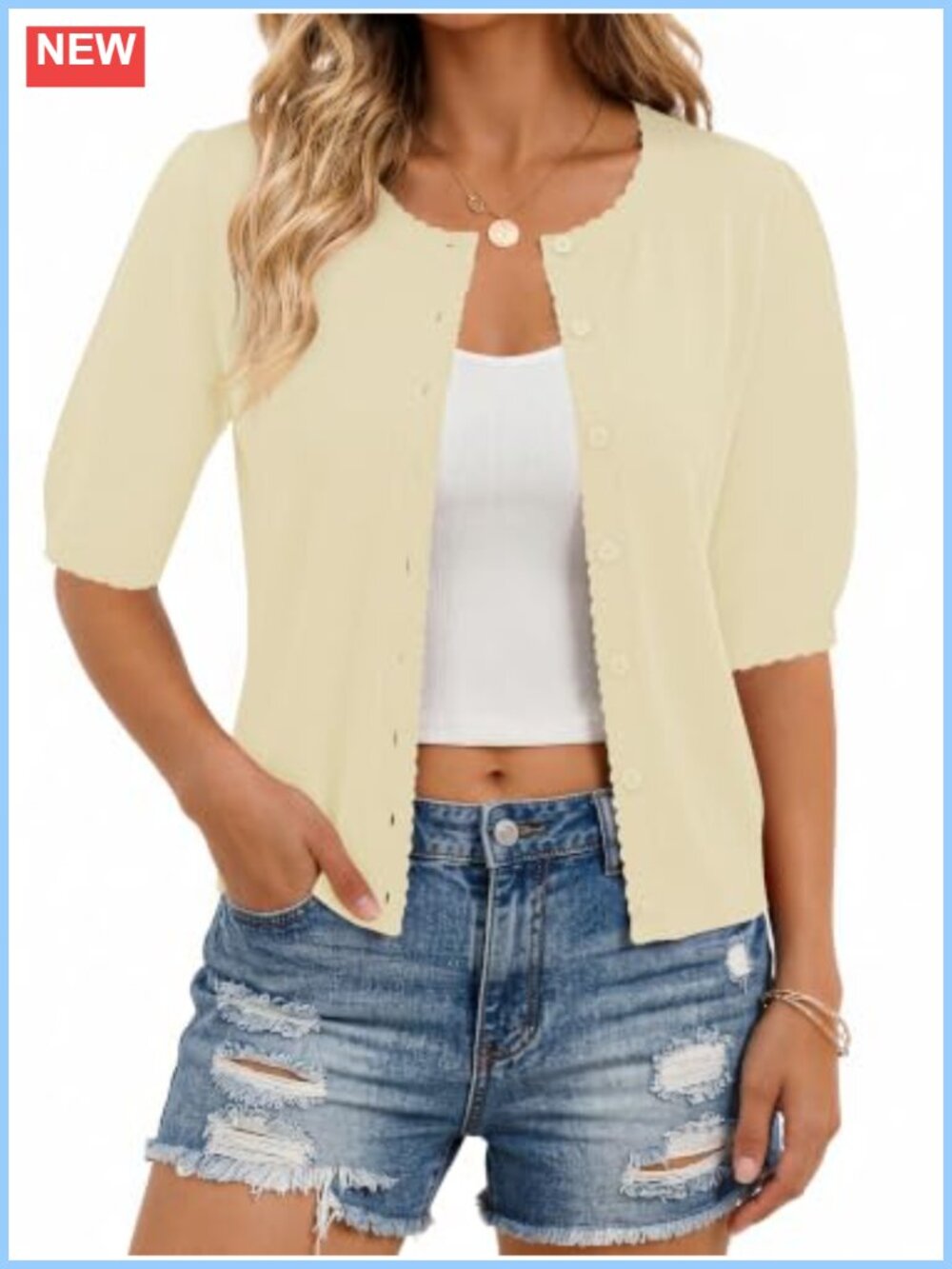 Short Sleeve Cropped Cardigan Lightweight Knit Sweater Scalloped Button Front